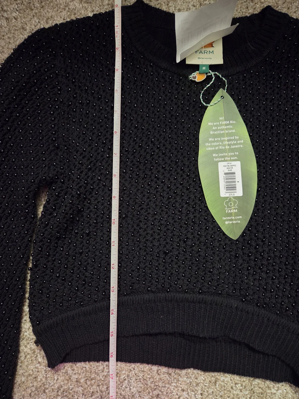 Farm Rio POM POM CROPPED BLACK Textured Sweater
